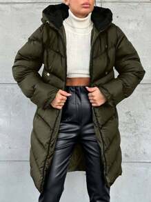 EURMUSE Women's Drawstring Hooded Mid-Length Winter Coat - Army Green - View 1