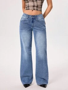 SHEIN EZwear Women's Casual Commute Daily Versatile Low-Waist Loose Flare Leg Jeans - Light Wash - View 1