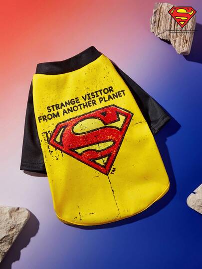 SUPERMAN X PETSIN 1pc Distressed Vintage Style Graphic Print Contrast Color Raglan Sleeve Pet Dog Cat Crew Neck Comfortable T-Shirt