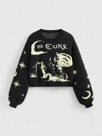 Fairycore Women's Retro Halloween Black Cat, Star, Moon Jacquard Knit Crew Neck Basic Pullover Sweater