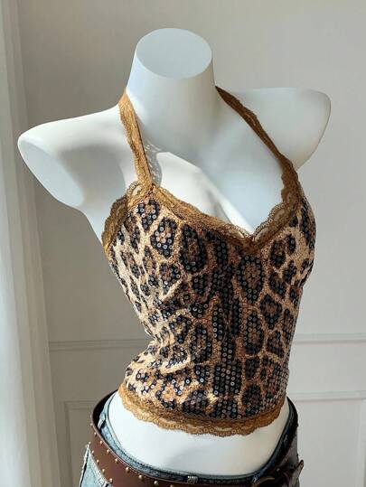 Comfortcana 女式性感豹纹亮片撞色蕾丝露背上衣，夏季