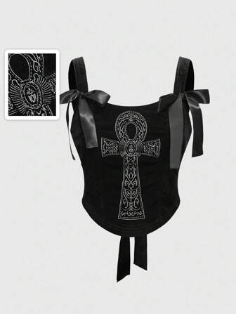 Goth Top corset con bordado de cruz egipcia antigua de estilo gótico vintage, camiseta de mujer