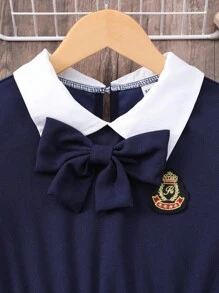 Váy xếp ly 2 trong 1 tay bồng dễ thương phong cách học sinh màu xanh navy và trắng tương phản nơ biểu tượng eo - Màu xanh hải quân - Xem 8