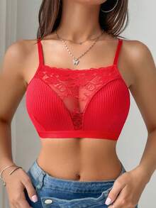 SHEIN Quần lót nữ thoải mái, có gân, họa tiết ren vá - Đỏ - Xem 1