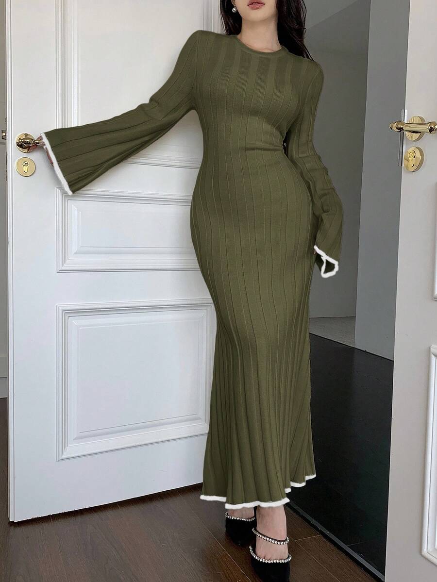 Feyla Vestido de suéter de manga larga ajustado para mujer, adecuado para uso diario en otoño/invierno - Verde militar - Ver 1