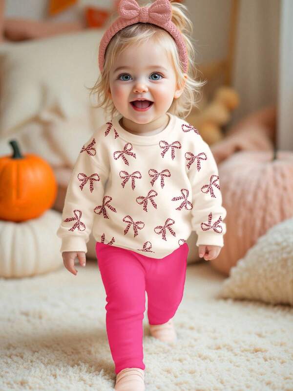 SHEIN Happikins Soft Cream White & Cream Pink, Cute Mini Leopard Bow Pattern, Baby Girl Casual Knit Thick Crew Neck Long Sleeve Sweatshirt And Leggings Set, Suitable For Autumn/Winter, Autumn Outfits For , Easy Comfort, Autumn Layers For Baby, Stylish Baby, Casual Wear, Kids Graphic Clothes, Back To School, Fall Clothes, Homecoming