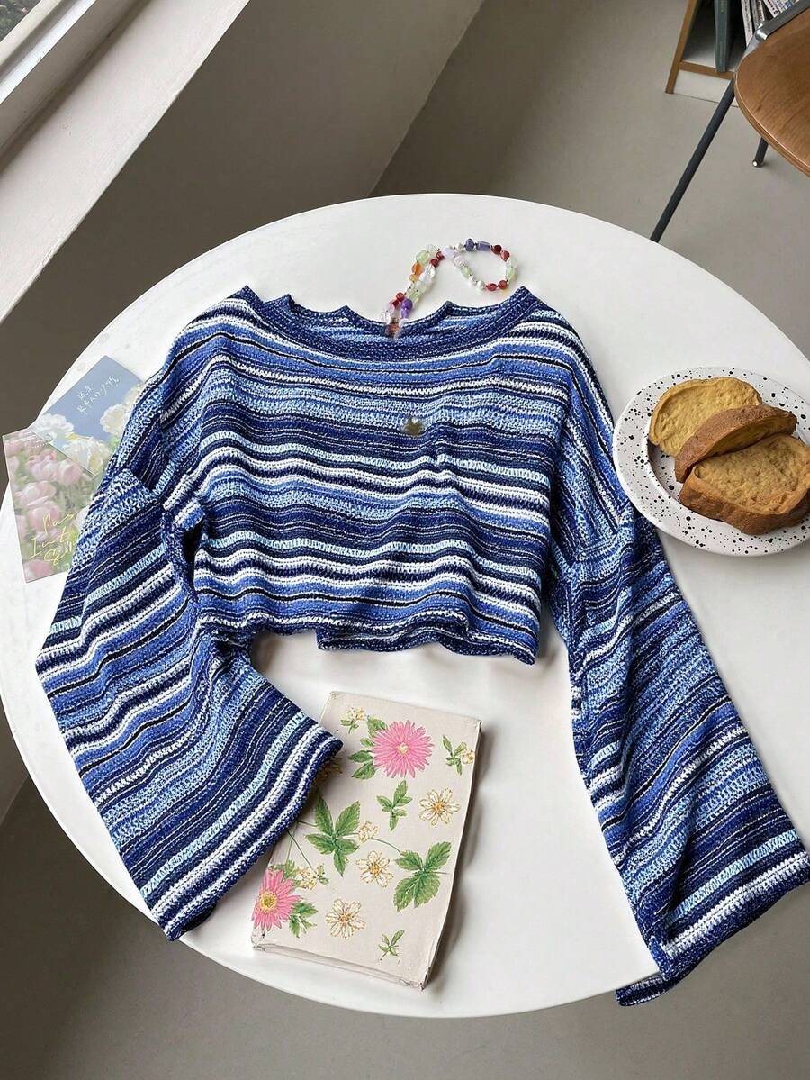 SHEIN EZwear 女式彩色条纹长袖上衣,夏季 - 藍白色 - 查看 1