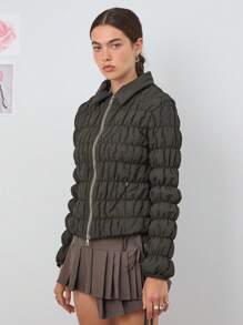 COUREZ Chaqueta acolchada ajustada con fruncidos / Tops de salida lindos de primavera para mujer estilo Y2K - Verde Oscuro - Ver 5