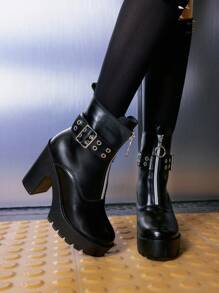 Sugerpunk Giày bốt cao gót đế vuông mũi tròn kiểu Gothic có khóa kim loại cho nữ, chất liệu da lộn và da PU, màu đen, thích hợp cho tiệc tùng, mặc hàng ngày, mặc dạ hội, tăng chiều cao và kéo dài chân - màu đen - Xem 3
