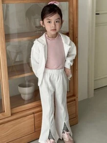 Genkimix Kids 两件套女童长袖连帽外套和宽松长裤套装，质感面料，适合秋季穿着，白色休闲返校日常穿着，秋冬季时尚百搭。 - 白色 - 查看 3