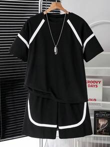 SHEIN 2 件套青少年春夏秋季插肩袖撞色条纹 T 恤和口袋短裤休闲运动时尚服装，Vacaura Boy - 黑色 - 查看 4