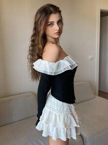 DAZY 女士派对/情人节蕾丝边拼色露肩荷叶边下摆长袖T恤 - 黑色 - 查看 12