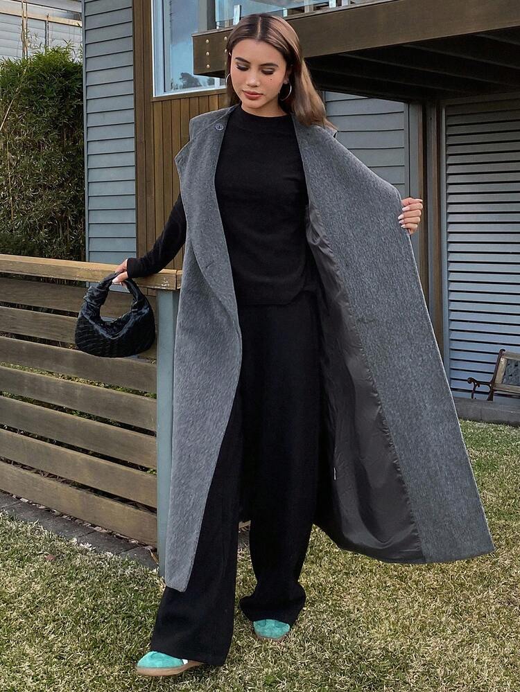 Women's Sleeveless Long Gray Woolen Coat, Casual & Business Versatile Vest