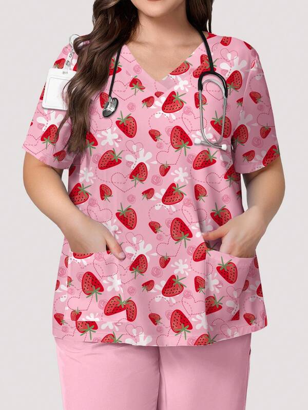 PopScrub Blusa de uniforme de enfermería con estampado de fresa y corazón, diseño minimalista para tallas grandes