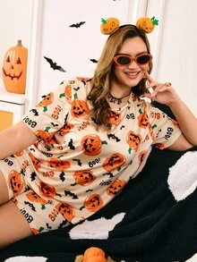 Chillnights Conjunto de Pijama Curto com Estampa de Abóbora Fofa Plus Size para Mulheres, Pijama de Halloween Plus Size para Mulheres, Pijama de Halloween Plus Size, Conjunto de Pijama Plus Size, Shorts de Pijama de Halloween, Pijama de Outono Plus Size - Multicolorido - Visão 5