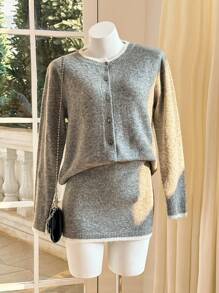 Skyraze 女士长袖单排扣开衫和 A 字裙套装，灰色 - 灰色 - 查看 1