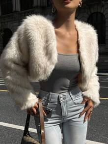 DAZY 女士时尚前开襟短款毛绒外套，秋冬季Y2K女式外套 - 棕色 - 查看 1