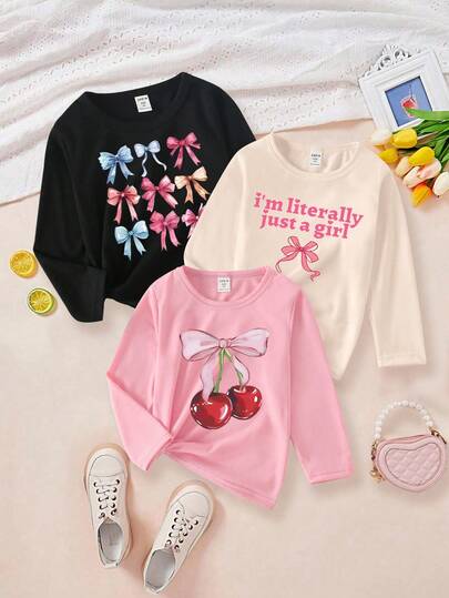 SHEIN 3pcs/Set Young Girls Casual Cute Fashion Cherry & Bow Print Long Sleeve T-Shirts, Suitable For Daily Wear Girls Long Sleeve Graphic Tees Kids Graphic Tees Girls Long Sleeve Tops Cute Kids Tops Fall Winter