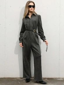 Aveloria Modichic 简约时尚高端通勤翻领隐形门襟收腰女式绒面革连身裤 - 墨綠色 - 查看 6