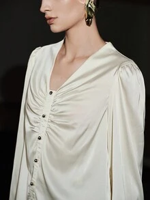 Uhlyne Uhlyne 女式简约斜纹金属纽扣长袖上衣 - 杏色 - 查看 4
