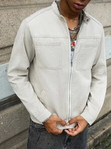 Manfinity Roghcode 街头休闲修身立领牛仔夹克，春夏男士休闲夹克复古夹克男士短款男士夹克 - 卡其色 - 查看 4