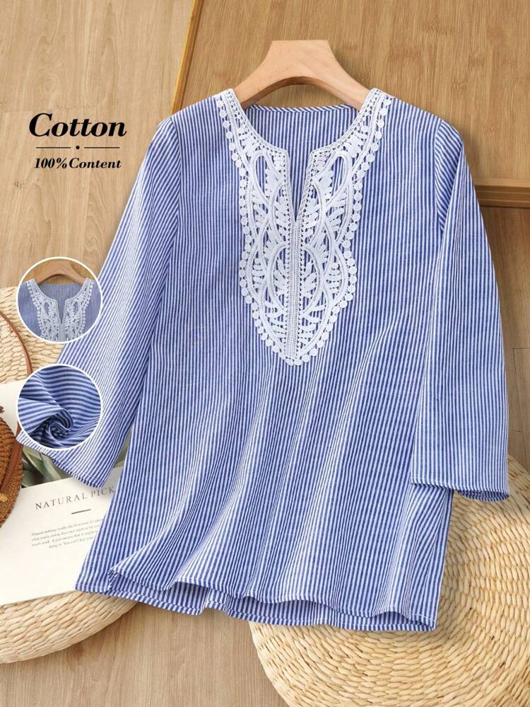 Blusa casual suelta con cuello en V de encaje de contraste, blusa superior a rayas azul y blanca con adorno de ganchillo, blusa de algodón, blusa túnica, ropa de mujer para otoño, ropa escolar, ropa casual de negocios, camisa a rayas para mujer, ropa de mujer, estilo Fairycore, para trabajo/oficina
