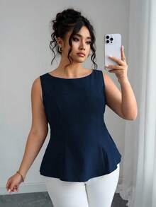 Elenzga Áo cánh không tay buộc eo hở lưng màu trơn cỡ lớn thời trang cho nữ - Màu xanh hải quân - Xem 4