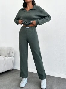 SHEIN Cottnline 2 件套棉质 V 领和标签细节休闲套装 - 墨綠色 - 查看 5