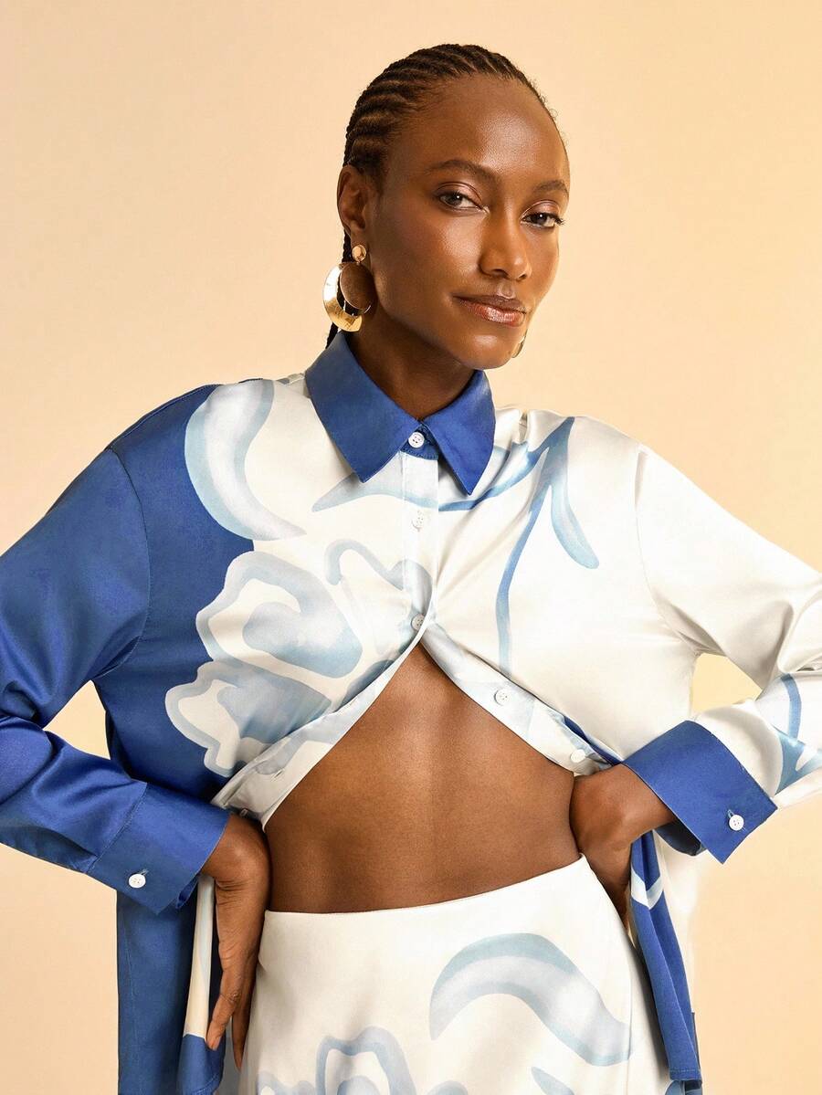 CAJUNI 女士花卉抽象印花缎面光泽长袖宽松衬衫，适合度假、通勤和休闲穿着 - 彩色 - 查看 1