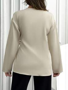 EURMUSE Solid Color, Open Front, Belted, Jackets - Beige - View 2