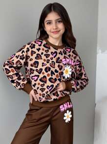 SHEIN Bộ quần áo nỉ cổ tròn thoải mái, tối giản, rộng rãi cho bé gái tuổi mới lớn - Màu Khaki - Xem 7
