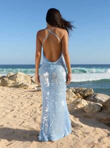 Opulessa 女士纯色串珠露背连衣裙