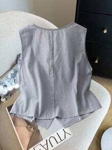 SHEIN LUNE 大码夏季休闲条纹无袖纽扣衬衫 - 藏蓝色 - 查看 2