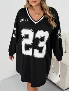 SHEIN CURVE+ Vestido camiseta casual de calle con cuello en V para mujer de talla grande, manga larga con estampado de letras, otoño/invierno