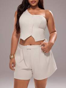 Rustia Conjunto de 2 piezas de chaleco y pantalones cortos asimétricos para ir al trabajo, talla grande - Albaricoque - Ver 5