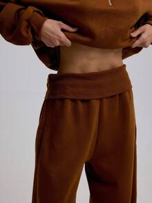 MUSERA Extreme Wide Leg Fold Over Waist Sweatpants Airport Casual Summer Airport Winter - Chocolate Brown - View 5
