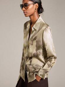 Ontre Women's Elegant Floral Print Satin Shirt,2025 Autumn Long Sleeve Collared Blouse,Olive Green Office Wear,Business Casual Old Money Style,Urban Chic - Yellow - View 6