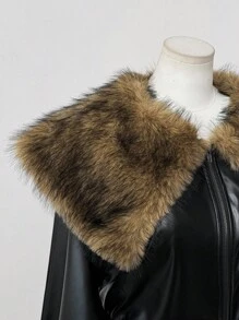 Sunspun Áo khoác tay dài cổ lông nhân tạo, vải PU vá, có khóa kéo, viền gân, cỡ lớn, mùa thu/đông - màu đen - Xem 6