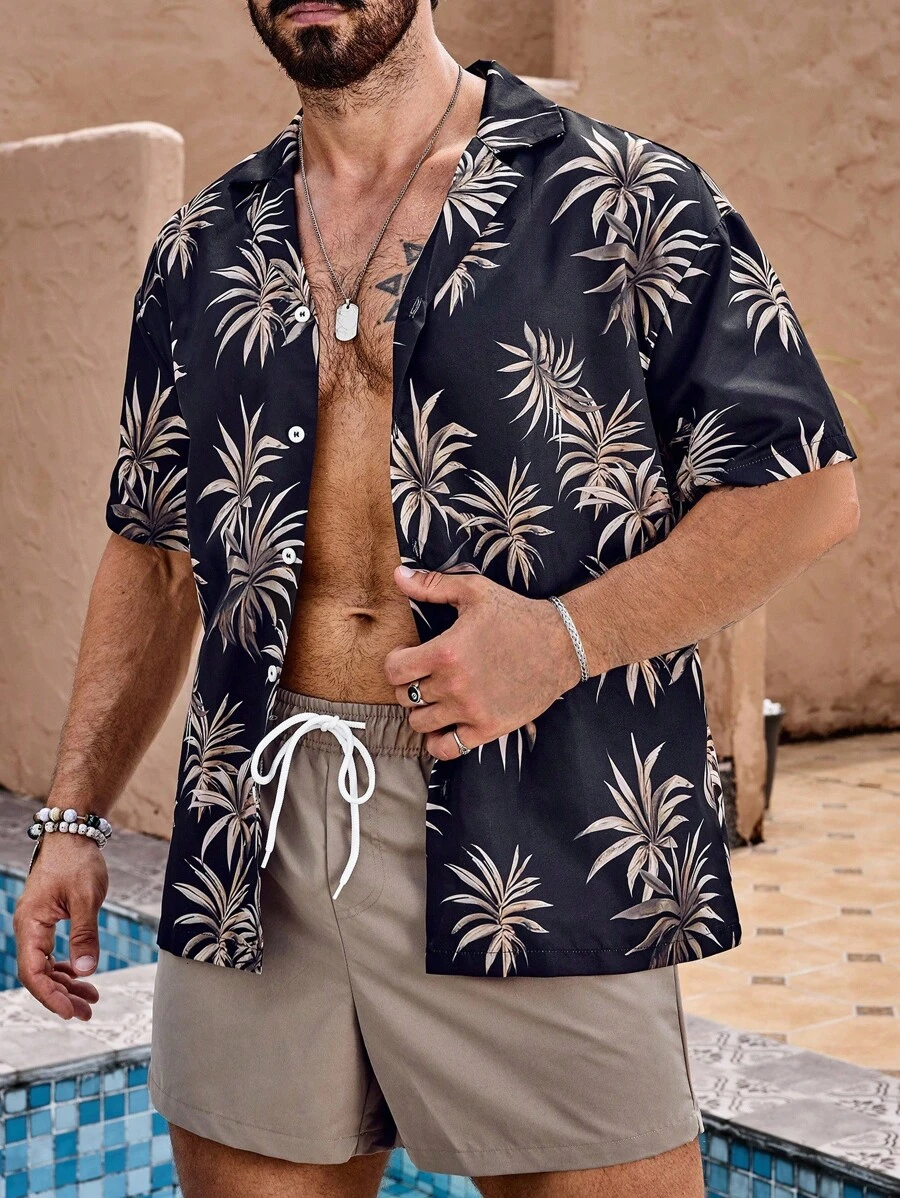 Horizaway 2pcs Men's Casual Palm Tree Print Short Sleeve Shirt And Self-Tie Waist Shorts Beach Outfit,Hawaiian - Khaki - View 1