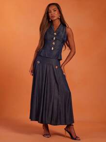 NYA SZN Set da donna (top e gonna) Top canotta con bottoni, gonna lunga e ampia a vita bassa, adatto per brunch, matrimoni, occasioni speciali e insegnanti - Castano - Visualizzare 2