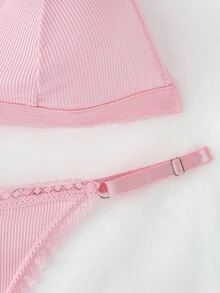 Women's Simple Solid Color Lace Trim Bra And Panty Set  For Everyday Wear Casual Without Padding - Pink - View 3