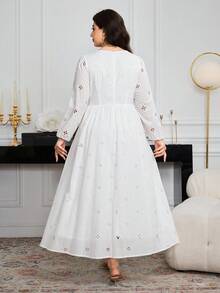 Modelyn Plus Size Women Hollow Embroidered Solid Color Slimming Elegant Dress Fall Cloth For Women - White - View 2