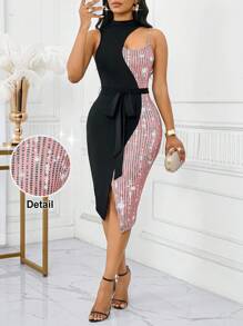 SHEIN Lady 女士优雅拼色镂空开衩连衣裙，女士夏季连衣裙 - 粉色 - 查看 1