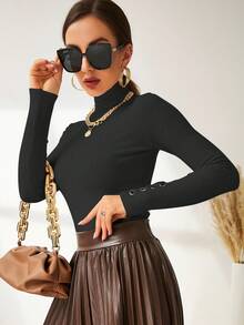 NOVVYNE Modely Turtleneck Buttoned Cuff Sweater Workwear Basic Tops - Dark Grey - View 5