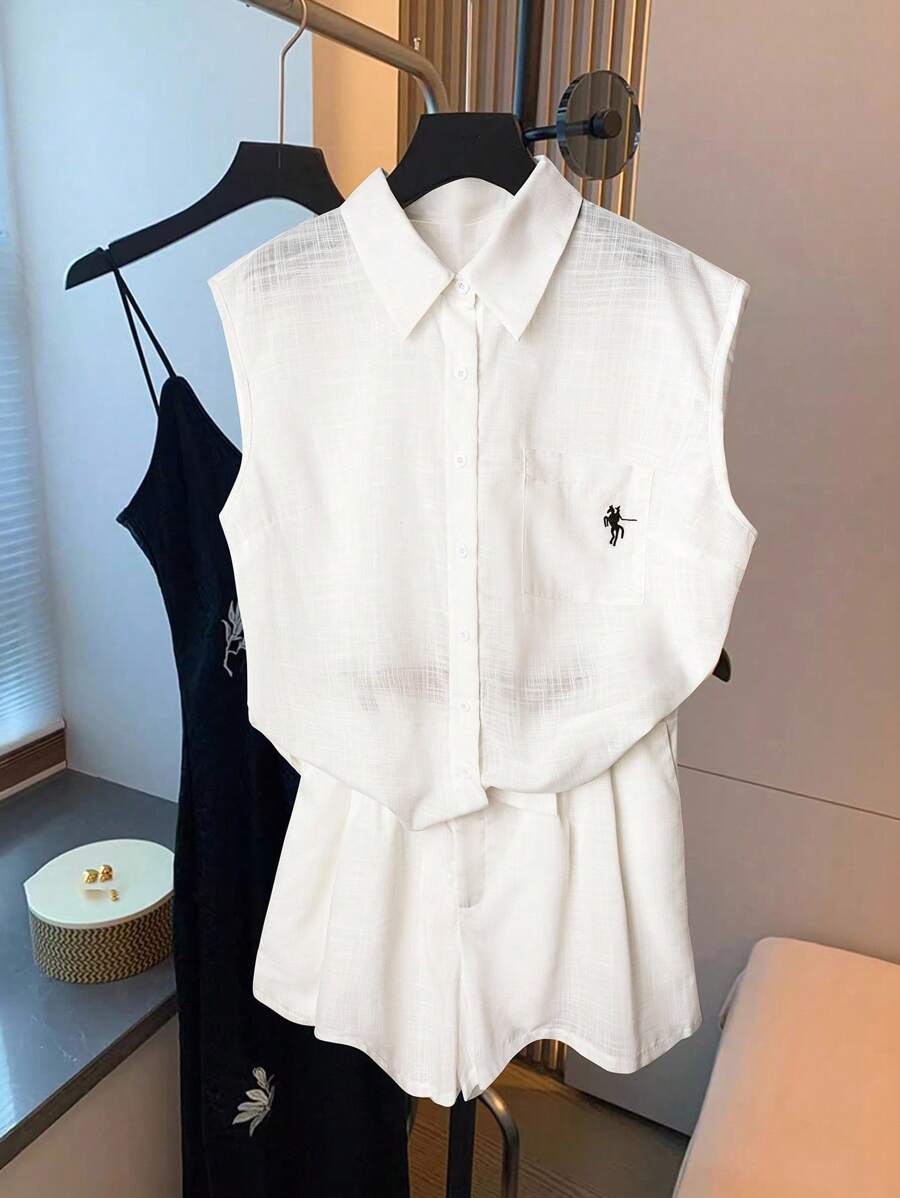 SHEIN Clasi Plus Size Collared Pocket Embroidered Puff Sleeve Shirt & Shorts 2 Pieces Set - White - View 1