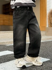 SHEIN Denim Folgados Pretos de Estilo Básico Vintage Desgastado, Cintura Elástica, Estilo Urbano Legal de Inverno para Meninos, Adequado para Traje de Inverno, Uso Diário, Volta às Aulas, Homecoming, Noite e Streetwear, Denim Casuais - Preto - Visão 4