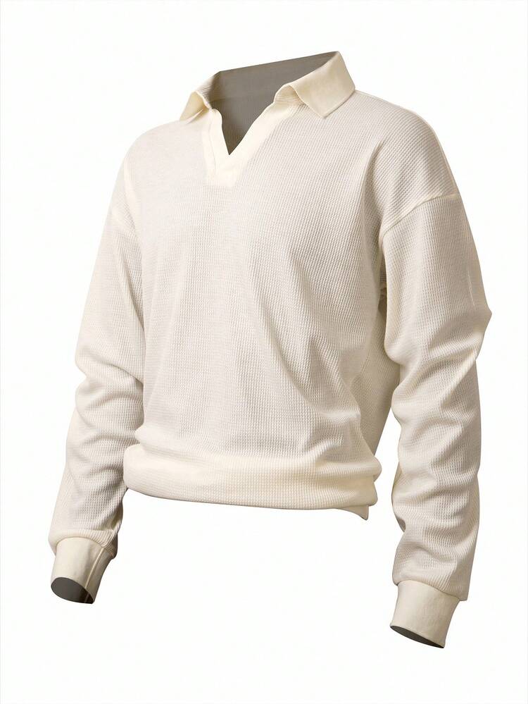 Airaco 男士休闲纯色落肩长袖T恤，秋季，适合秋季 - 杏色 - 查看 5