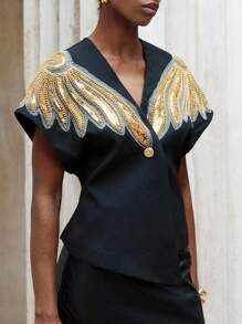 2026 Modichic Blusa de verano con hombros acolchados, con cuello en V, manga corta, bajo asimétrico, contrastes de color y bordados florales con cuentas para uso versátil y diario - Multicolor 2 - Ver 7