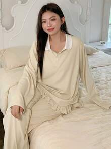 Dazy Plus Contrast Color Patchwork Shirt Collar Loose Ruffle Hem Casual Top & Wide Leg Pants Warm Pajama Set, Plus Size Women Spring/Fall Sleepwear - Apricot - View 1