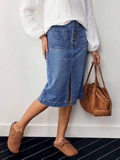 EMERY ROSE Women's Solid Color Simple Slit Denim Mini Skirt